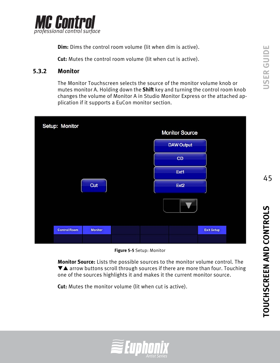 2 monitor, Monitor, Setup: monitor | User guide touchscreen and controls 45 | Euphonix MC Control User Manual | Page 45 / 60