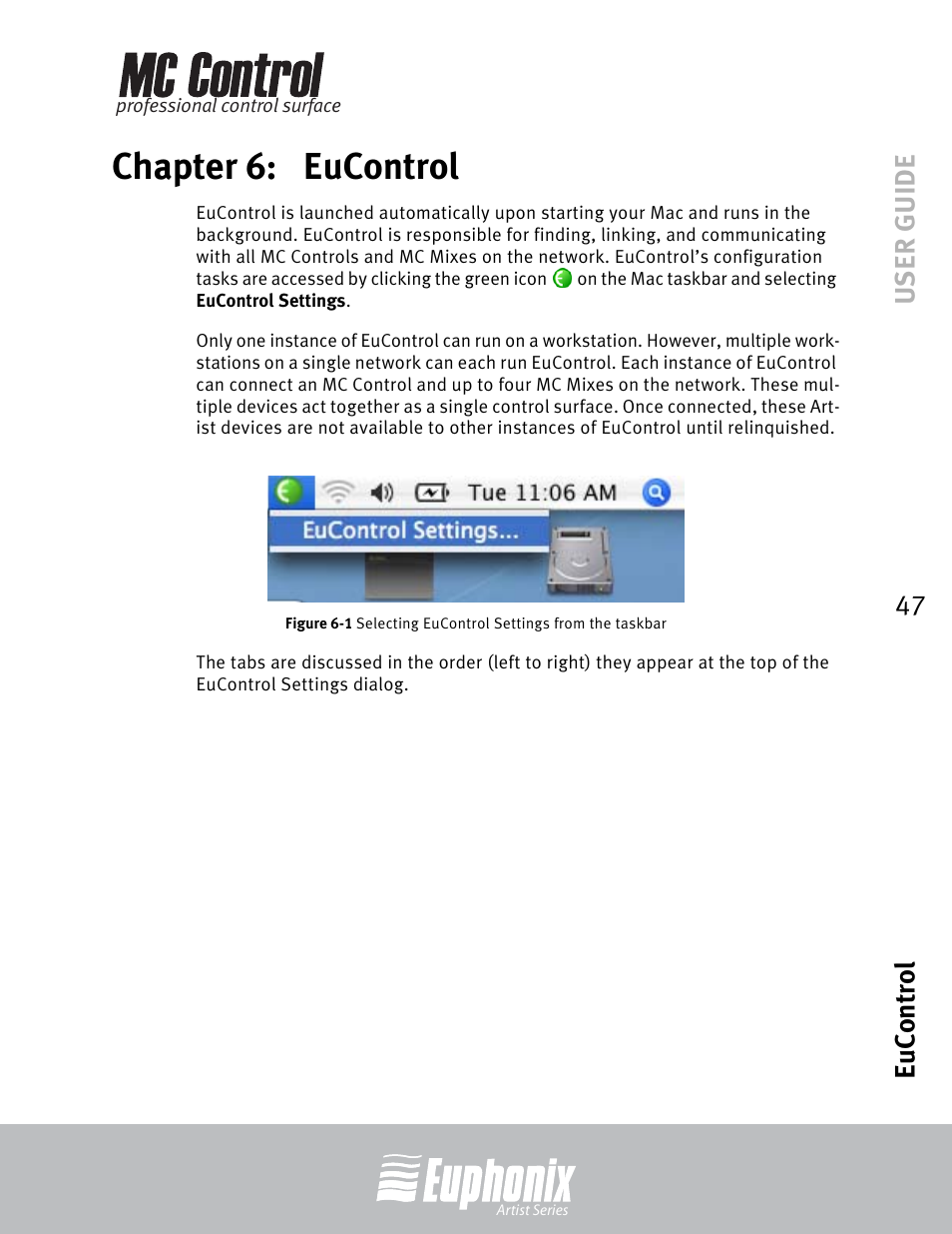 Chapter 6: eucontrol, Chapter 6, Eucontrol | Selecting eucontrol settings from the taskbar, User guide eucontrol 47 | Euphonix MC Control User Manual | Page 47 / 60
