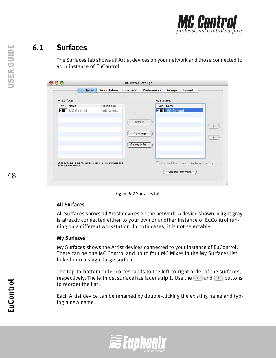 1 surfaces, All surfaces, My surfaces | Surfaces, Surfaces tab, User guide eucontrol 48 6.1 surfaces | Euphonix MC Control User Manual | Page 48 / 60