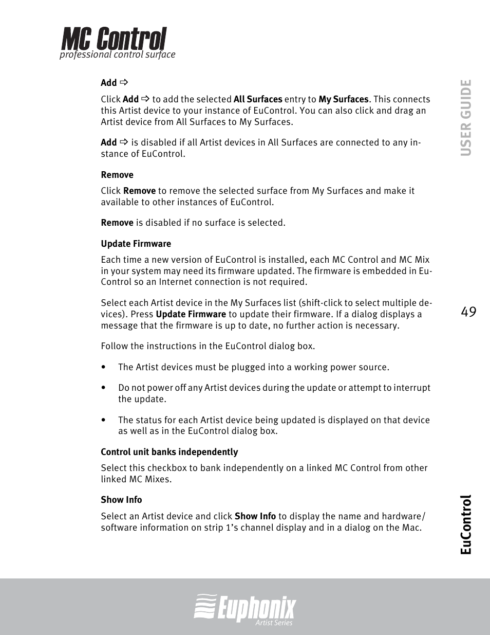 Remove, Update firmware, Control unit banks independently | Show info, User guide eucontrol 49 | Euphonix MC Control User Manual | Page 49 / 60