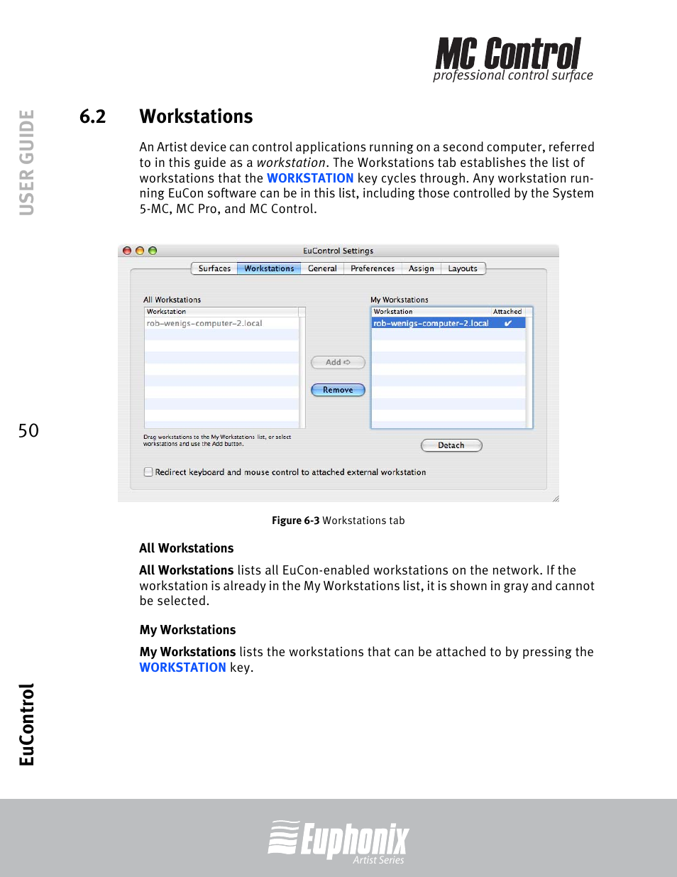 2 workstations, All workstations, My workstations | Workstations, Workstations tab, User guide eucontrol 50 6.2 workstations | Euphonix MC Control User Manual | Page 50 / 60
