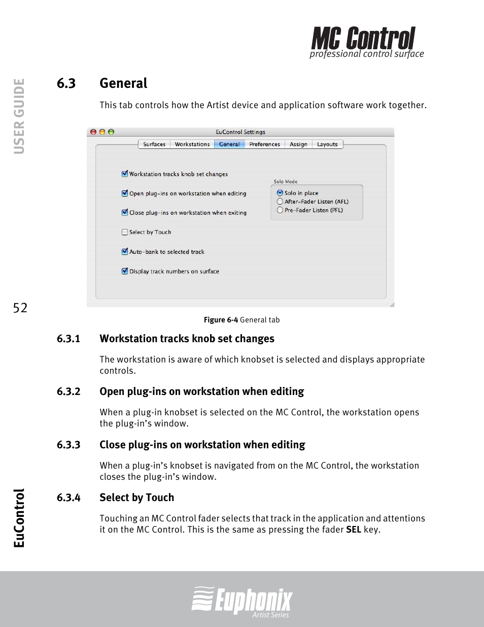 3 general, 1 workstation tracks knob set changes, 2 open plug-ins on workstation when editing | 3 close plug-ins on workstation when editing, 4 select by touch, General, Workstation tracks knob set changes, Open plug-ins on workstation when editing, Close plug-ins on workstation when editing, Select by touch | Euphonix MC Control User Manual | Page 52 / 60