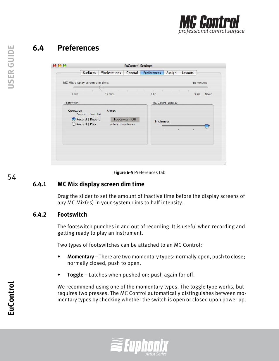 4 preferences, 1 mc mix display screen dim time, 2 footswitch | Preferences, Mc mix display screen dim time, Footswitch, Preferences tab, User guide eucontrol 54 6.4 preferences | Euphonix MC Control User Manual | Page 54 / 60