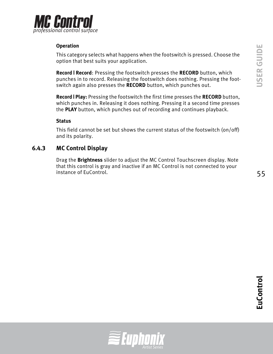 Operation, Status, 3 mc control display | Mc control display, User guide eucontrol 55 | Euphonix MC Control User Manual | Page 55 / 60