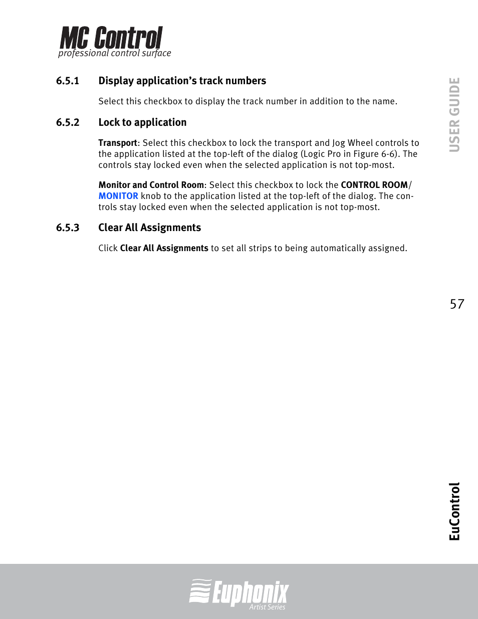 1 display application’s track numbers, 2 lock to application, 3 clear all assignments | Display application’s track numbers, Lock to application, Clear all assignments, User guide eucontrol 57 | Euphonix MC Control User Manual | Page 57 / 60