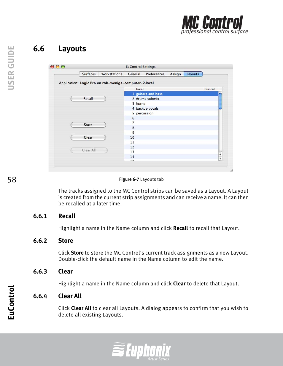 6 layouts, 1 recall, 2 store | 3 clear, 4 clear all, Layouts, Recall, Store, Clear, Clear all | Euphonix MC Control User Manual | Page 58 / 60