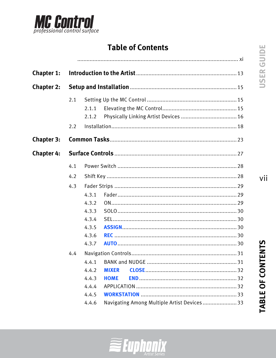 User guide table of contents vii table of contents | Euphonix MC Control User Manual | Page 7 / 60