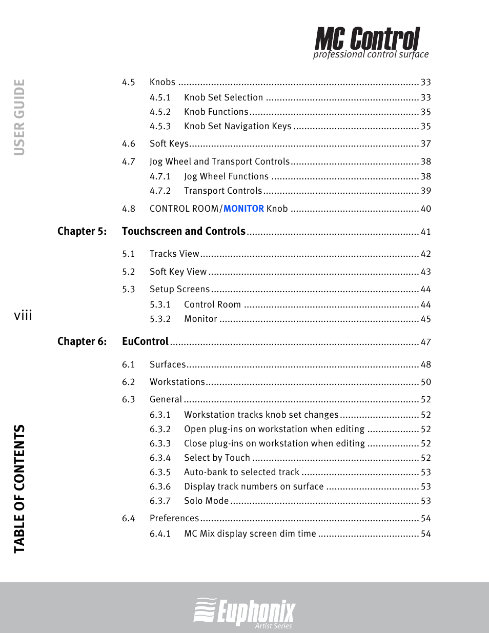 User guide table of contents viii | Euphonix MC Control User Manual | Page 8 / 60
