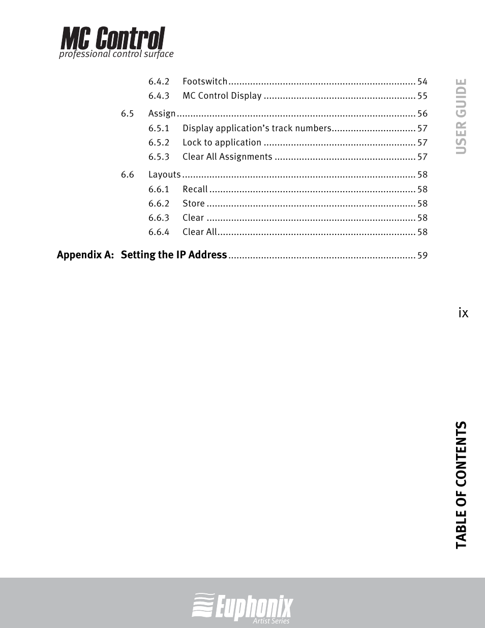 User guide table of contents ix | Euphonix MC Control User Manual | Page 9 / 60