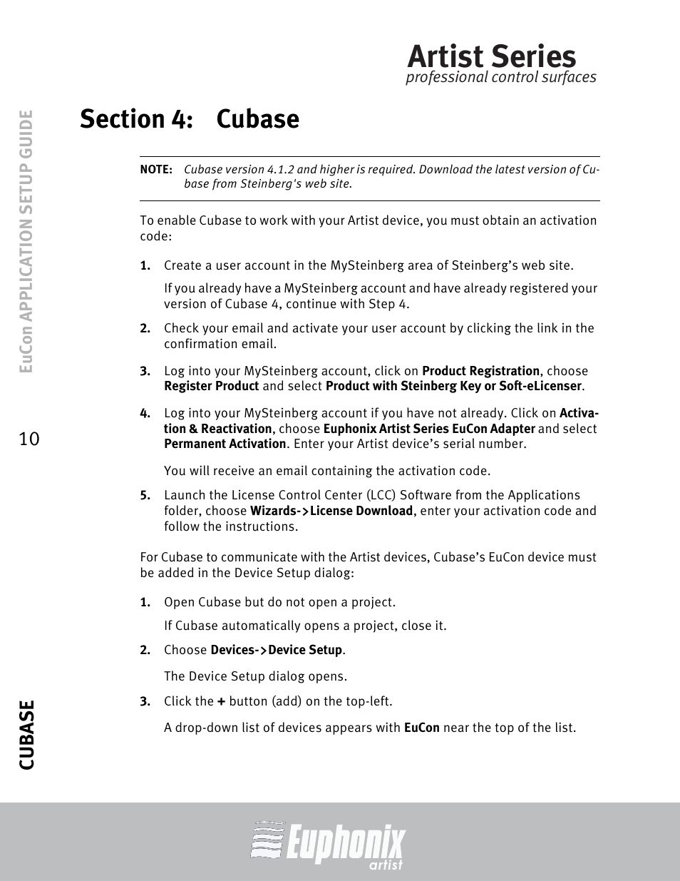 Section 4: cubase, Section 4, Cubase | Artist series, Cubase 10, Eucon application setup guide | Euphonix MC Mix User Manual | Page 10 / 29