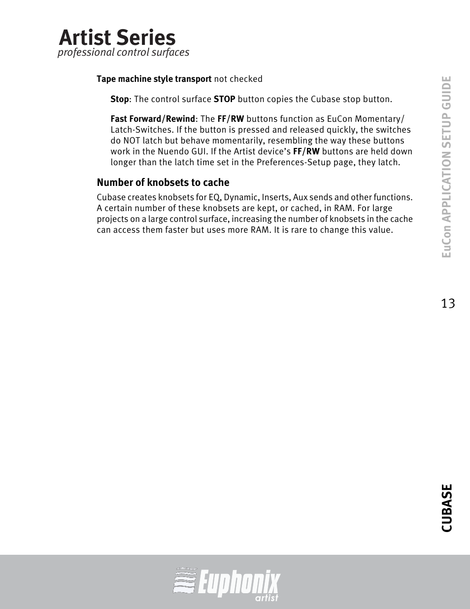 Number of knobsets to cache, Artist series, Cubase 13 | Euphonix MC Mix User Manual | Page 13 / 29