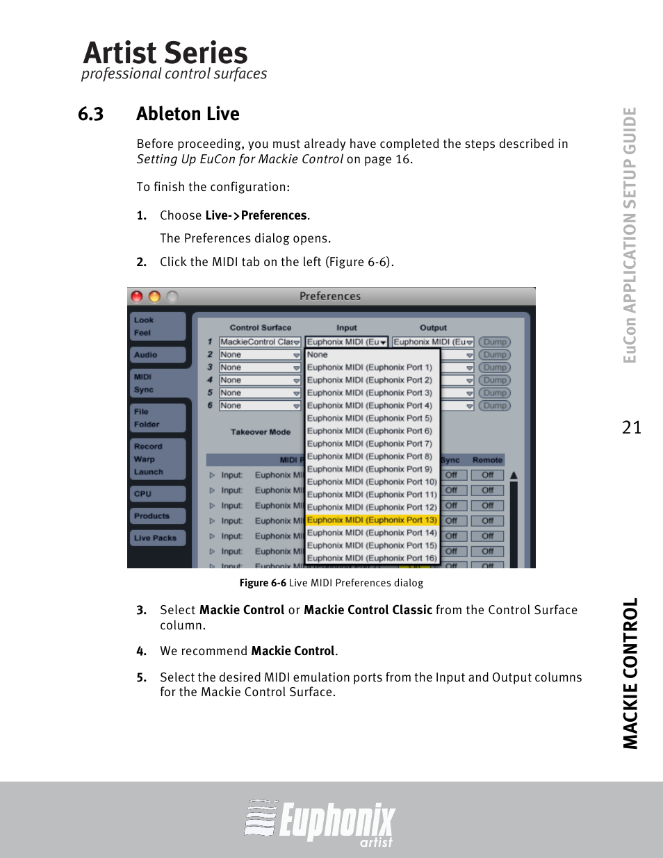 3 ableton live, Ableton live, Artist series | Mackie control 21 6.3 ableton live | Euphonix MC Mix User Manual | Page 21 / 29