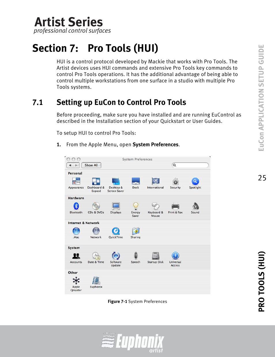 Section 7: pro tools (hui), 1 setting up eucon to control pro tools, Section 7 | Pro tools (hui), Setting up eucon to control pro tools, Artist series, Pro tools (hui) 25 | Euphonix MC Mix User Manual | Page 25 / 29