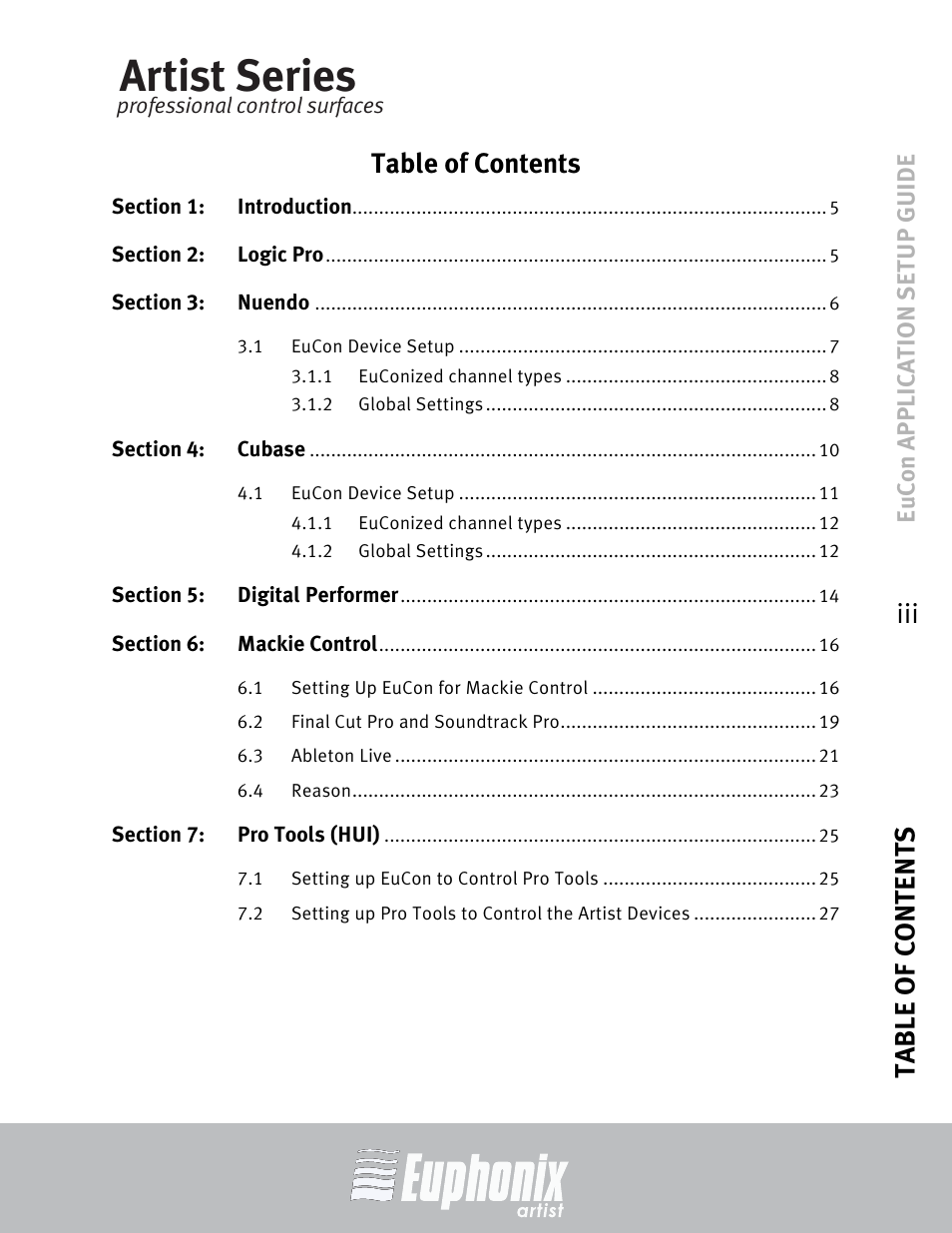 Artist series, Table of contents iii table of contents, Eucon application setup guide | Euphonix MC Mix User Manual | Page 3 / 29