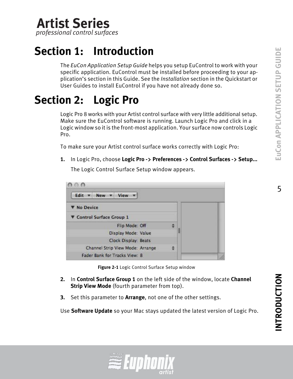 Section 1: introduction, Section 2: logic pro, Section 1 | Introduction, Section 2, Logic pro, Artist series, Introduction 5 | Euphonix MC Mix User Manual | Page 5 / 29