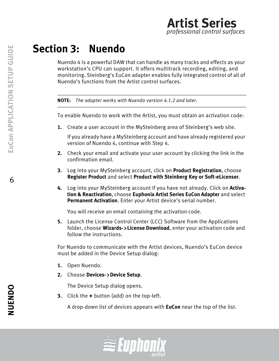 Section 3: nuendo, Section 3, Nuendo | Artist series, Nuendo 6, Eucon application setup guide | Euphonix MC Mix User Manual | Page 6 / 29
