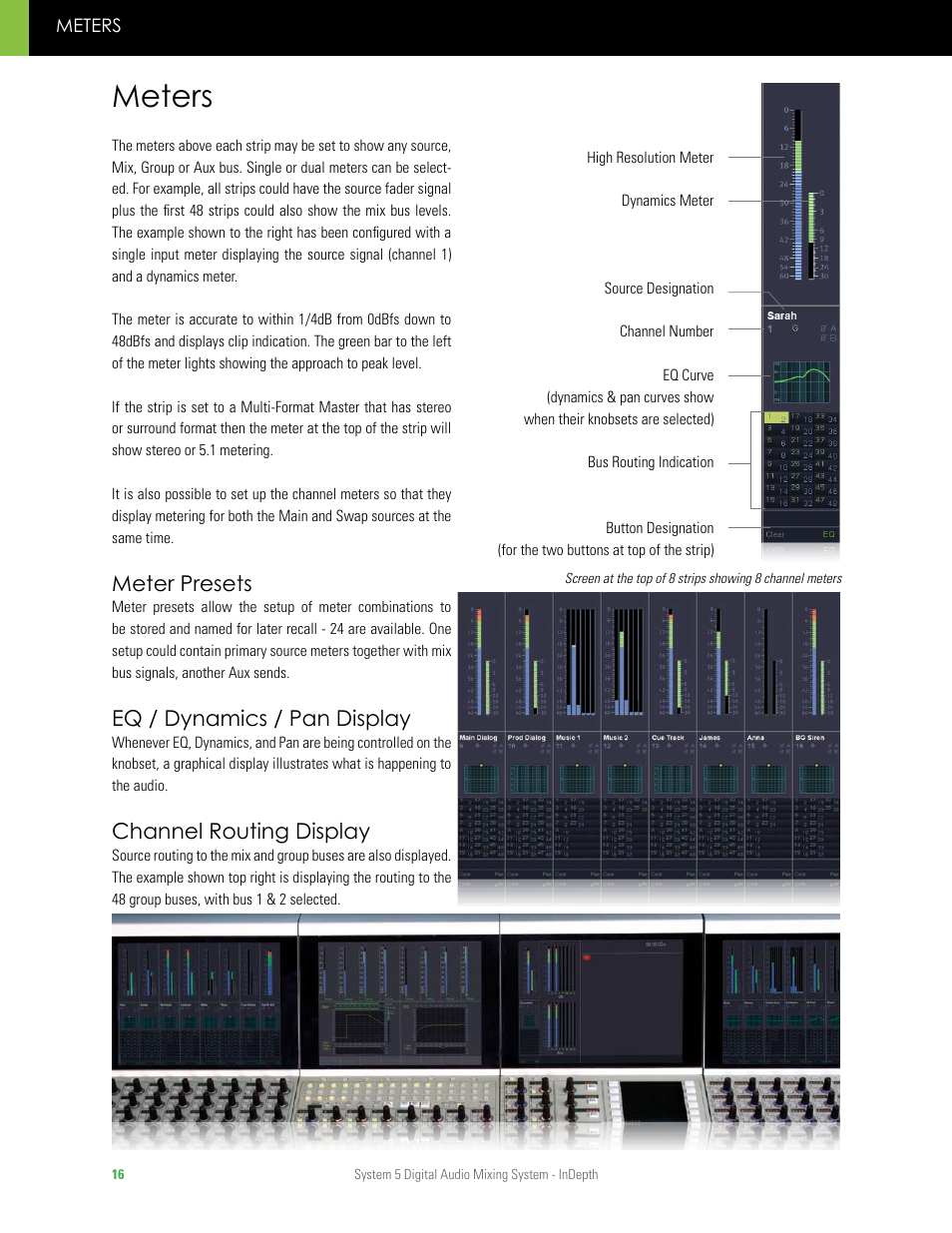 Meters, Meter presets, Eq / dynamics / pan display | Channel routing display | Euphonix System 5 InDepth User Manual | Page 16 / 36