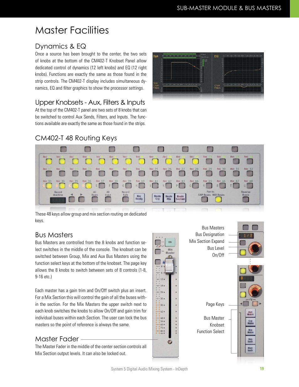 Master facilities, Dynamics & eq, Upper knobsets - aux, filters & inputs | Bus masters, Master fader | Euphonix System 5 InDepth User Manual | Page 19 / 36