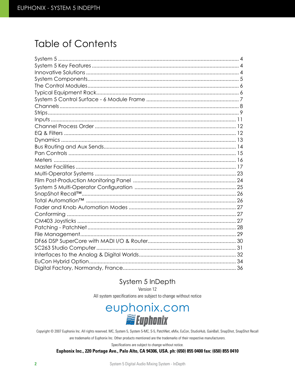 Euphonix System 5 InDepth User Manual | Page 2 / 36