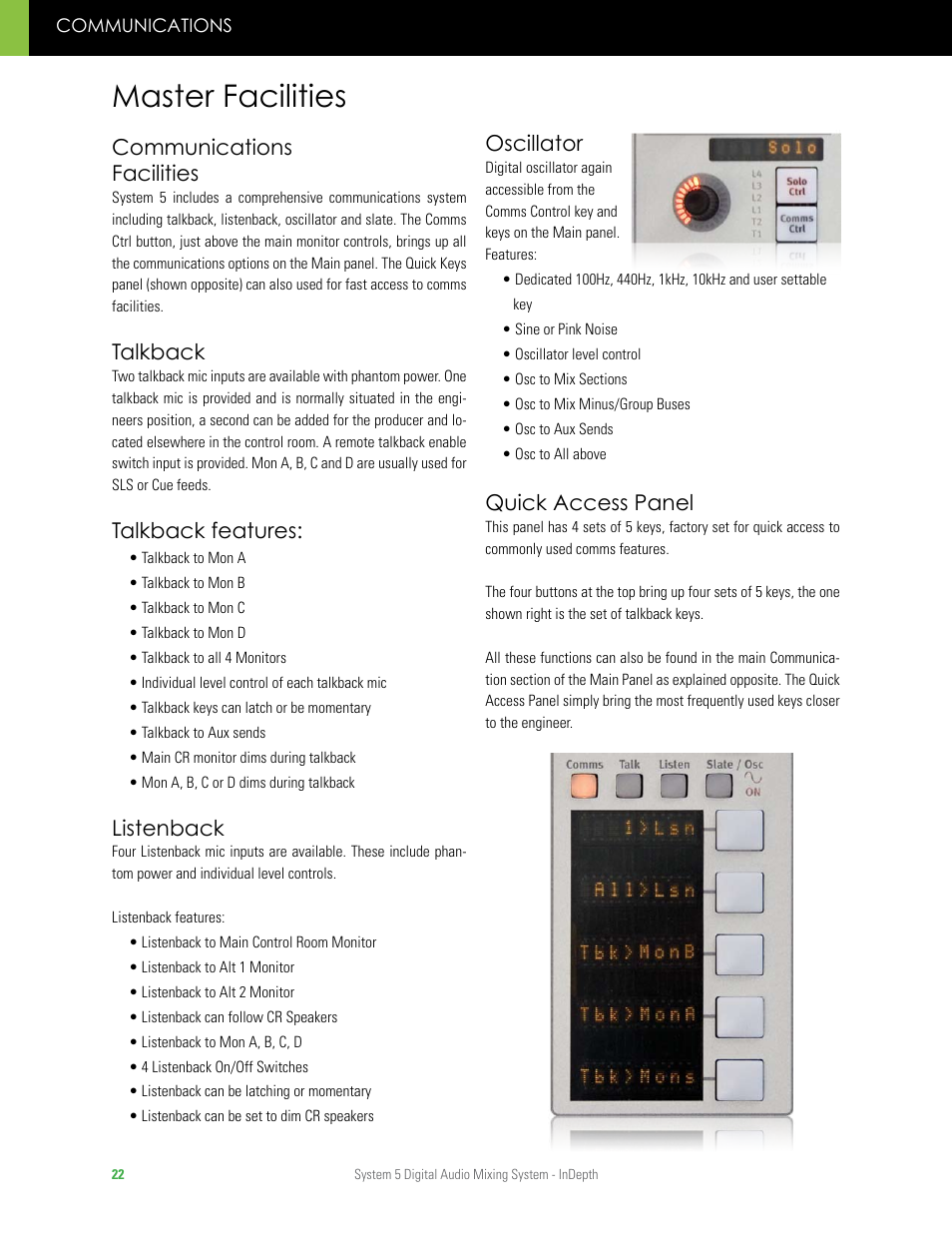 Master facilities, Communications facilities, Talkback | Talkback features, Listenback, Oscillator, Quick access panel | Euphonix System 5 InDepth User Manual | Page 22 / 36