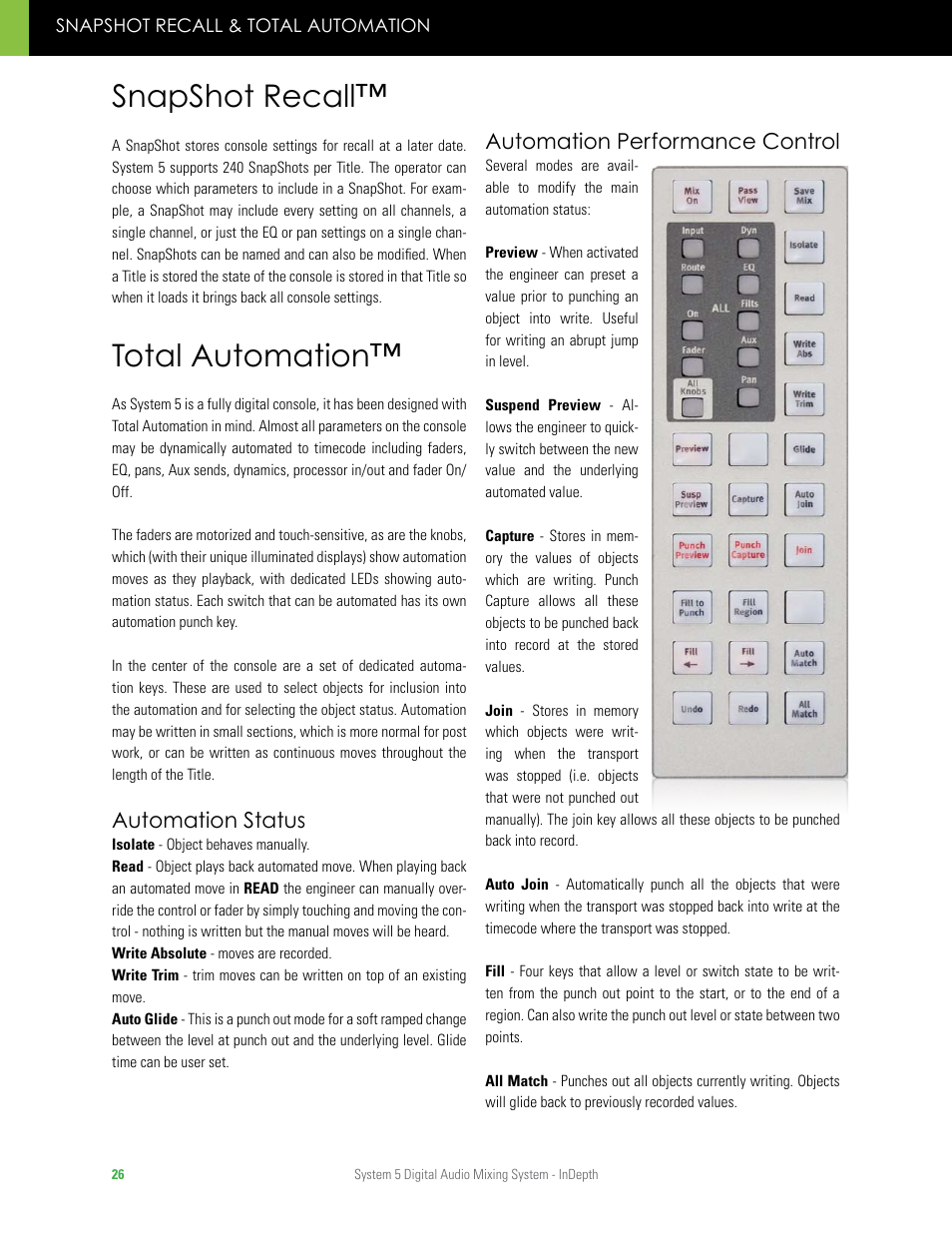 Snapshot recall, Total automation, Snapshot recall™ total automation | Automation status, Automation performance control | Euphonix System 5 InDepth User Manual | Page 26 / 36