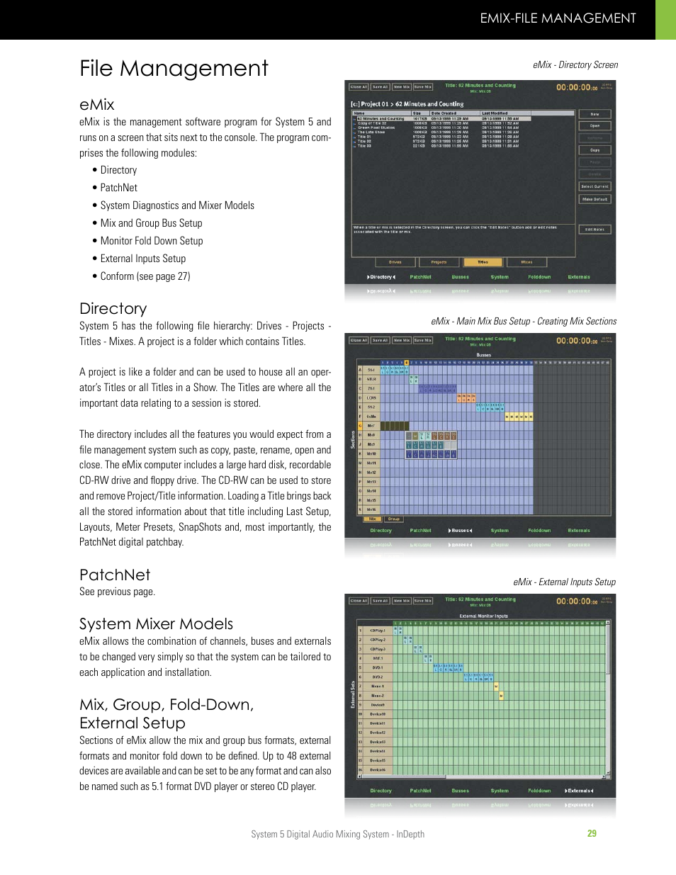 File management, Emix, Directory | Patchnet, System mixer models, Mix, group, fold-down, external setup | Euphonix System 5 InDepth User Manual | Page 29 / 36