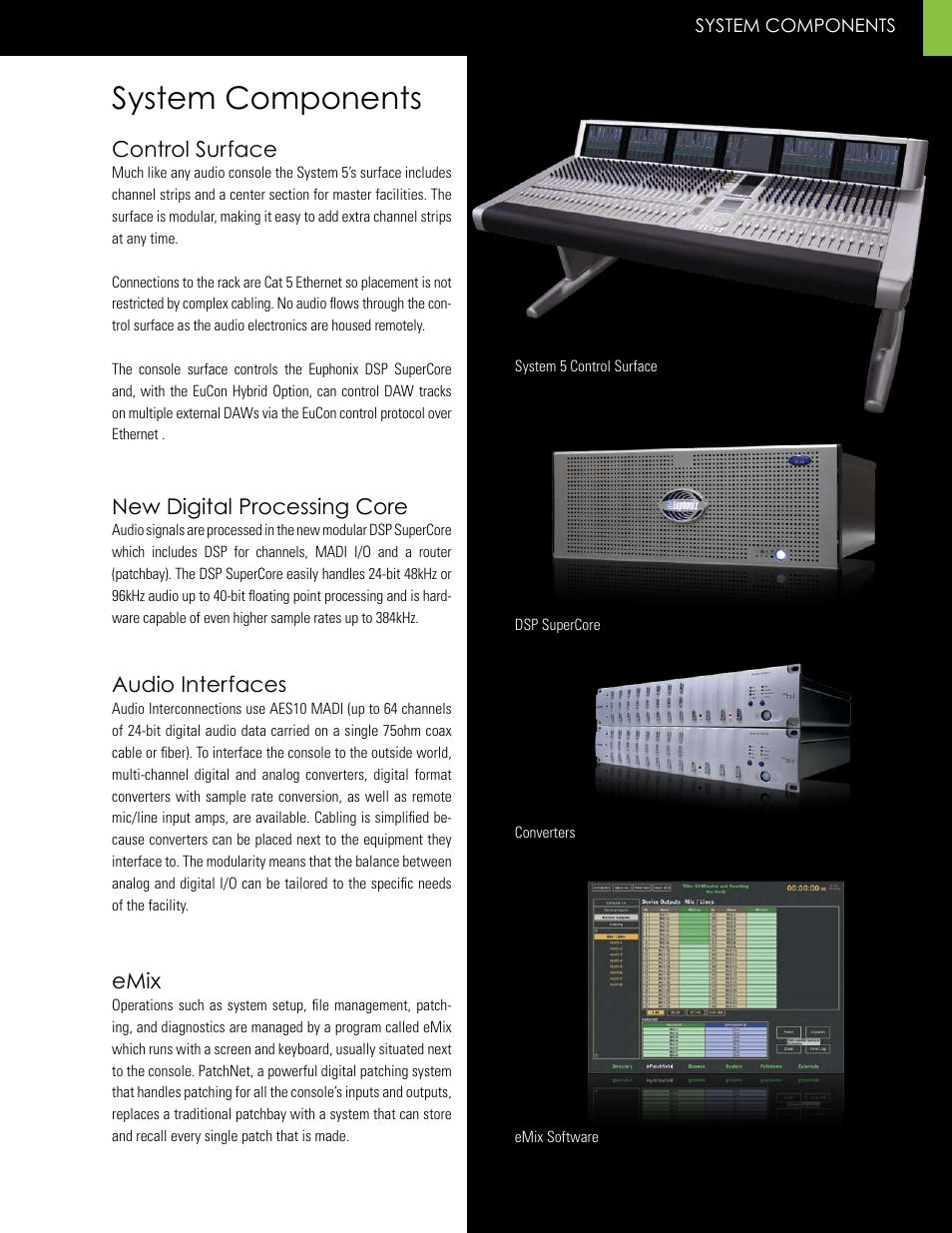 System components, Control surface, New digital processing core | Audio interfaces, Emix | Euphonix System 5 InDepth User Manual | Page 5 / 36