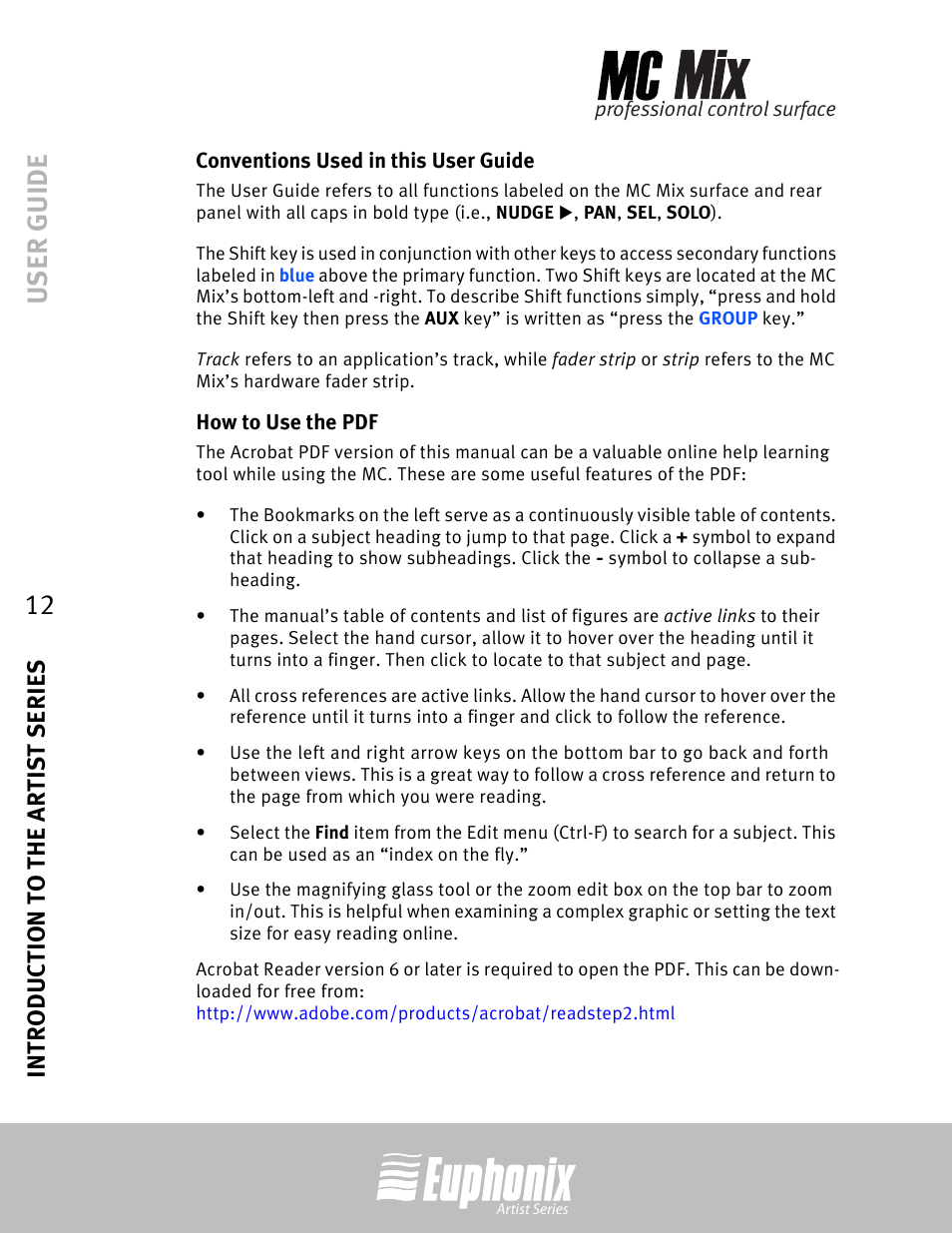 Conventions used in this user guide, How to use the pdf, User guide | Introduction to the artist series | Euphonix EuCon User Manual | Page 12 / 52