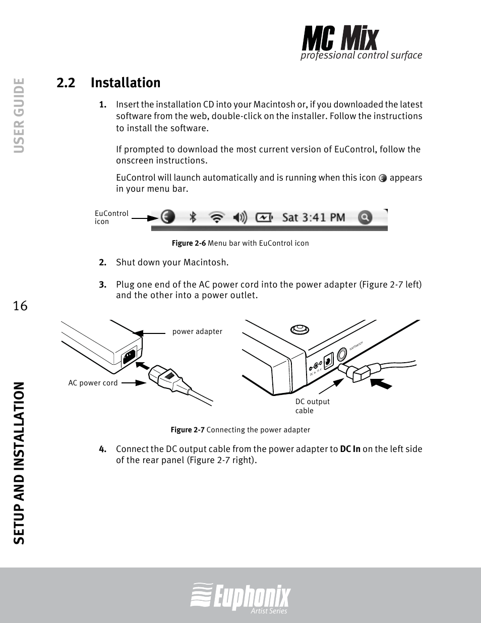 2 installation, Installation, Menu bar with eucontrol icon | Connecting the power adapter, Professional control surface | Euphonix EuCon User Manual | Page 16 / 52