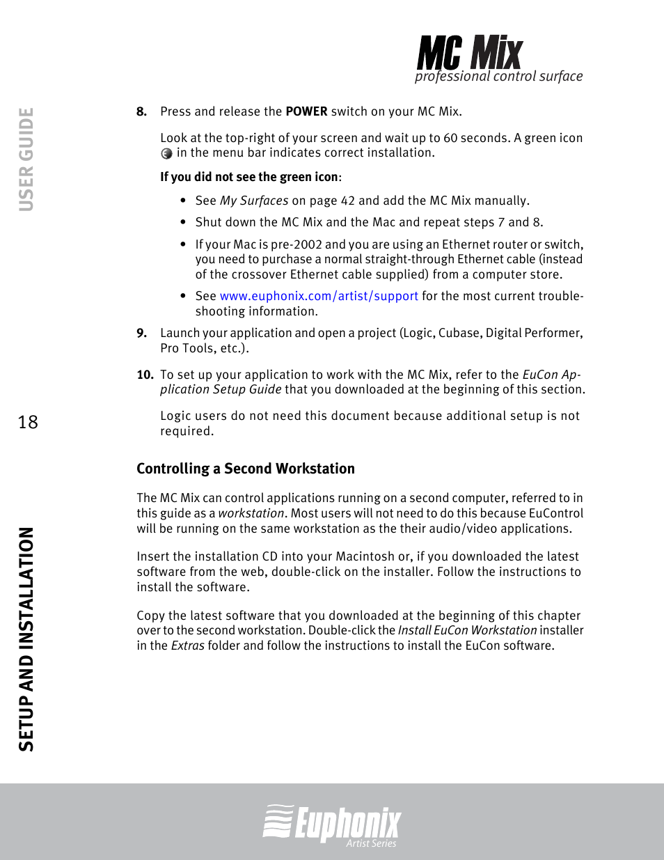 Controlling a second workstation, User guide setup and installation 18 | Euphonix EuCon User Manual | Page 18 / 52