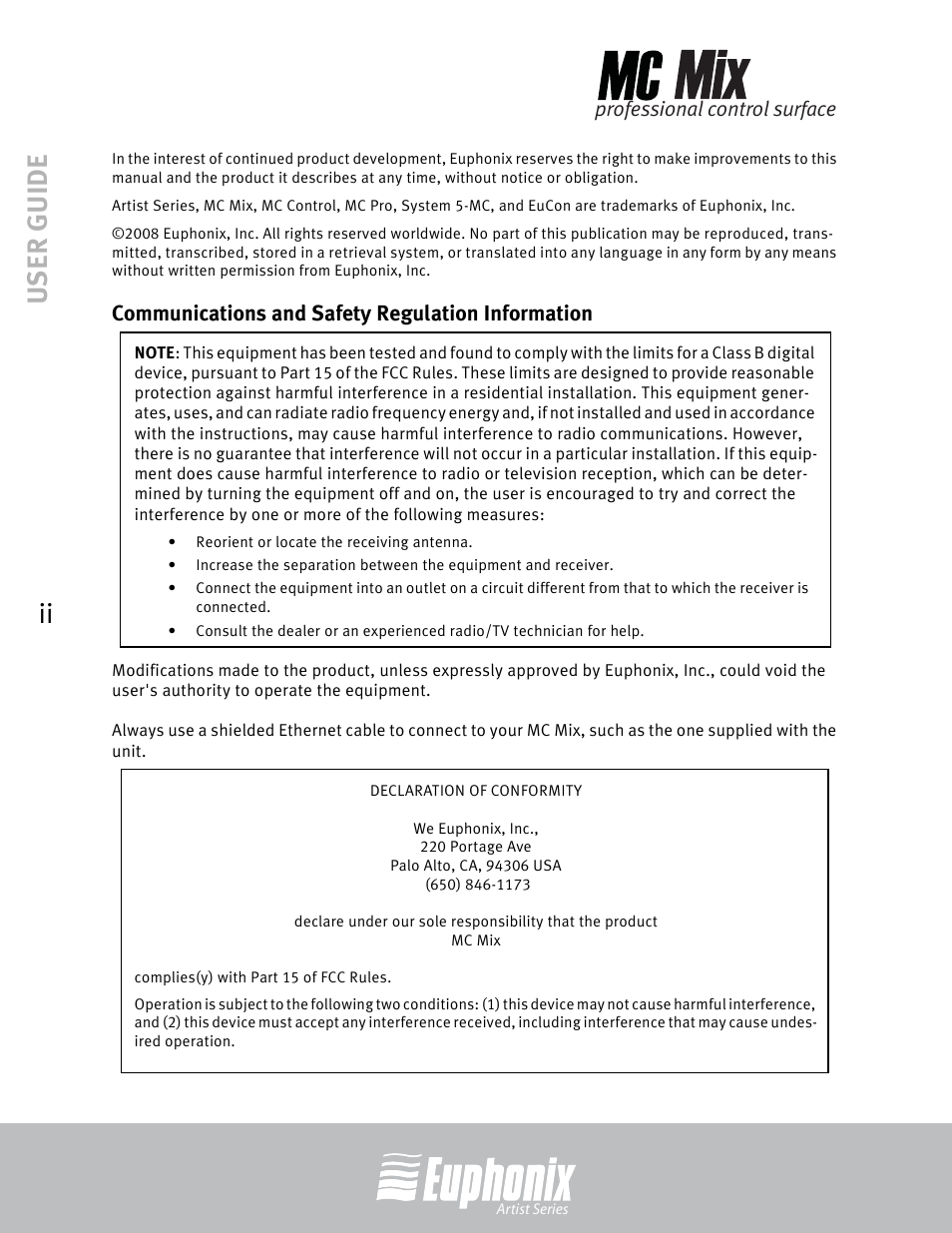 User guide ii, Professional control surface, Communications and safety regulation information | Euphonix EuCon User Manual | Page 2 / 52