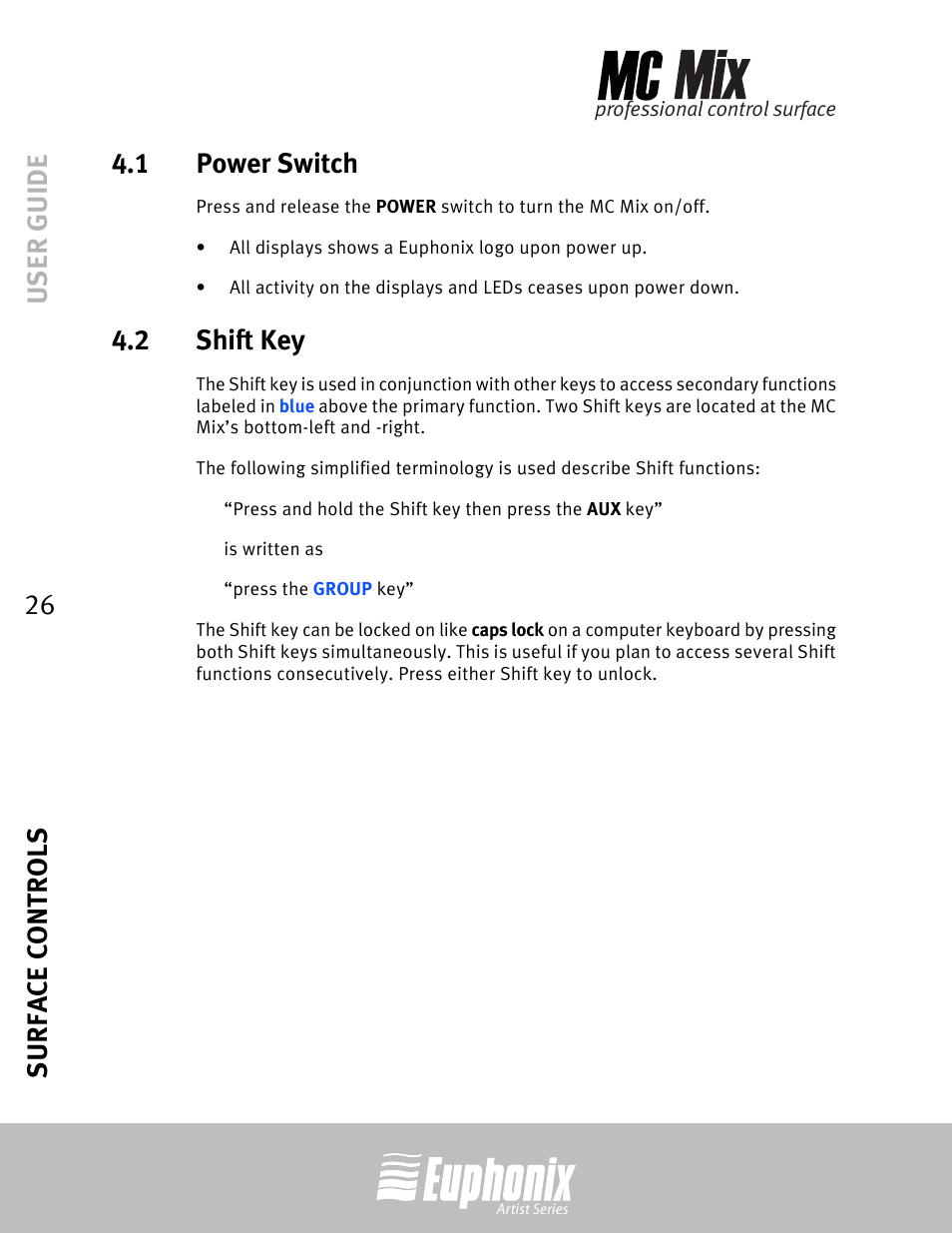 1 power switch, 2 shift key, Power switch | Shift key, User guide surface controls 26 4.1 power switch | Euphonix EuCon User Manual | Page 26 / 52