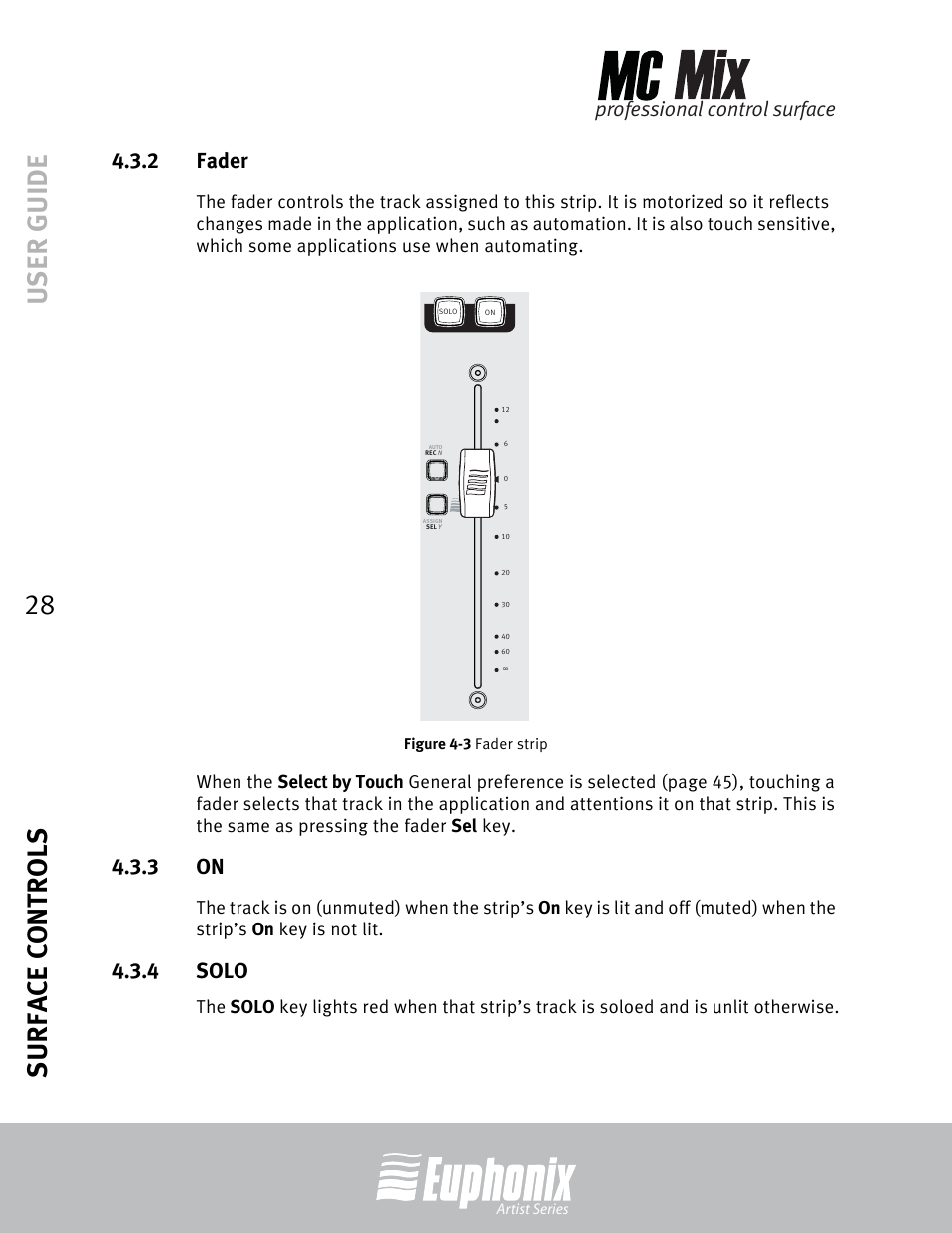 2 fader, 3 on, 4 solo | Fader, Solo, Fader strip, User guide surface controls 28, Professional control surface | Euphonix EuCon User Manual | Page 28 / 52