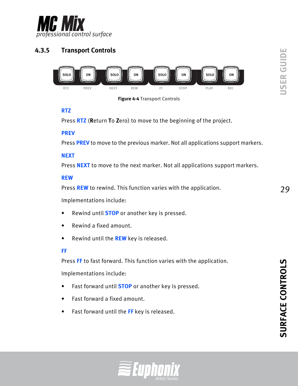 5 transport controls, Prev, Next | Transport controls, User guide surface controls 29, Professional control surface | Euphonix EuCon User Manual | Page 29 / 52