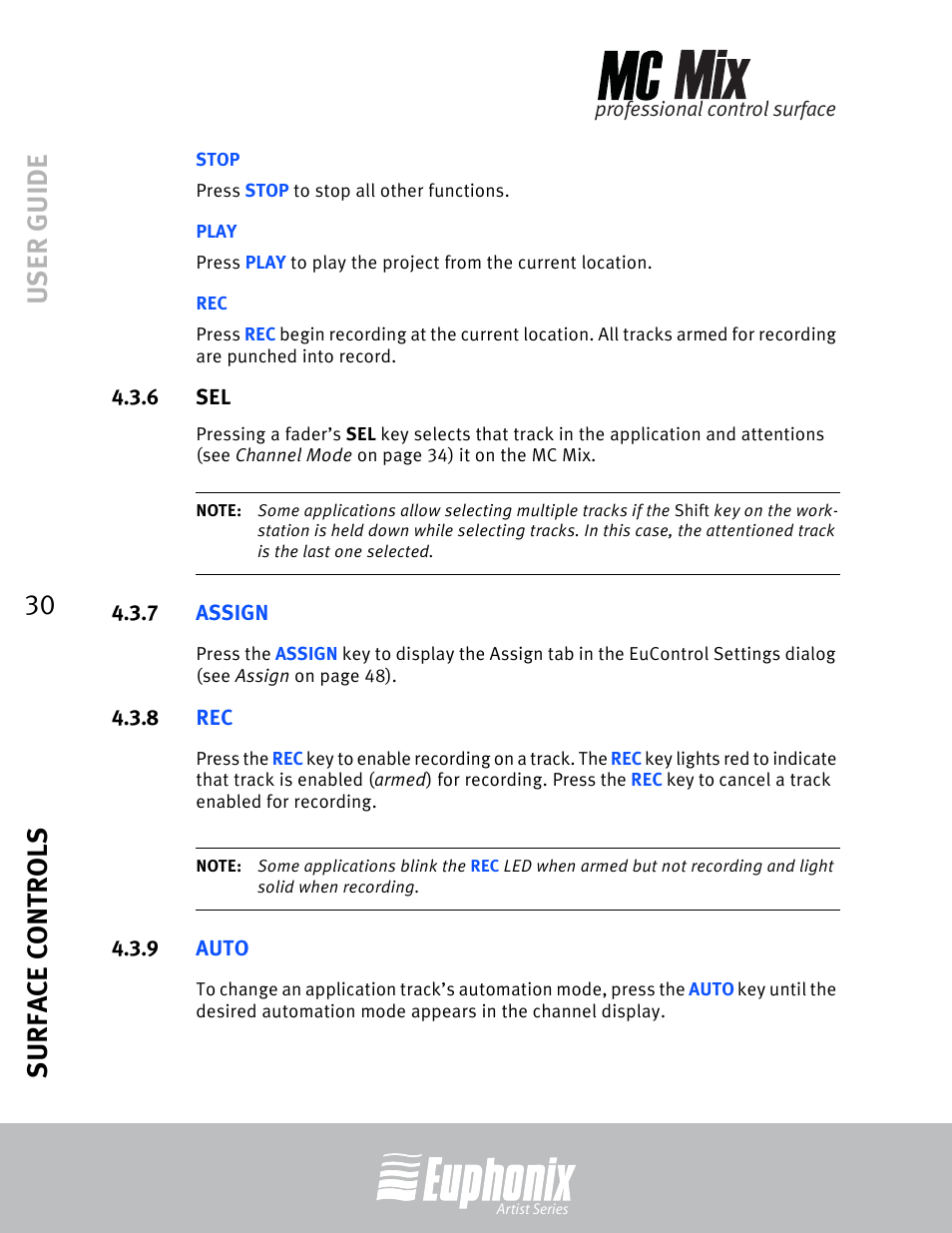 Stop, Play, 6 sel | 7 assign, 8 rec, 9 auto, User guide surface controls 30 | Euphonix EuCon User Manual | Page 30 / 52