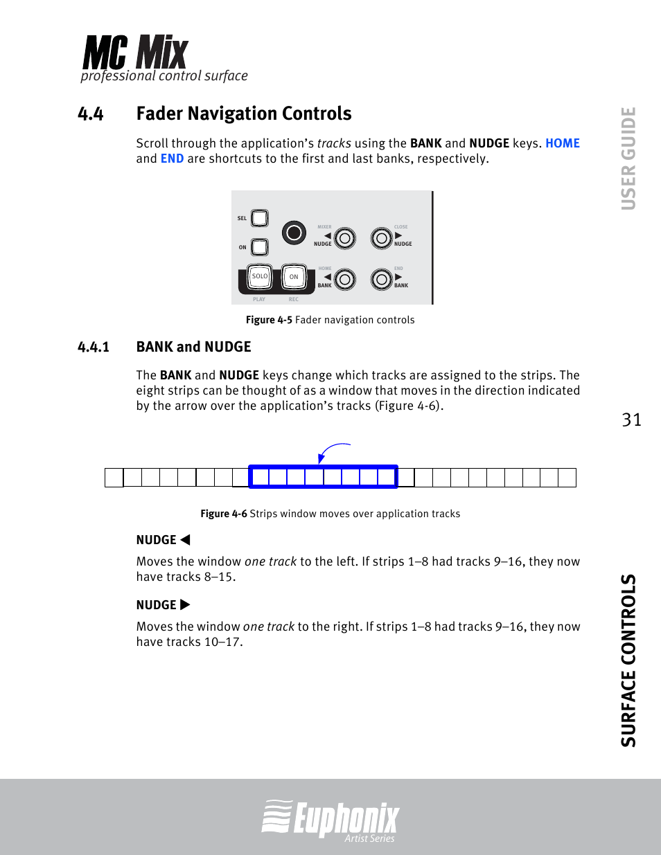 4 fader navigation controls, 1 bank and nudge, Nudge t | Nudge u, Fader navigation controls 4.4.1, Bank and nudge, Fader navigation controls, Strips window moves over application tracks, Professional control surface, Window | Euphonix EuCon User Manual | Page 31 / 52