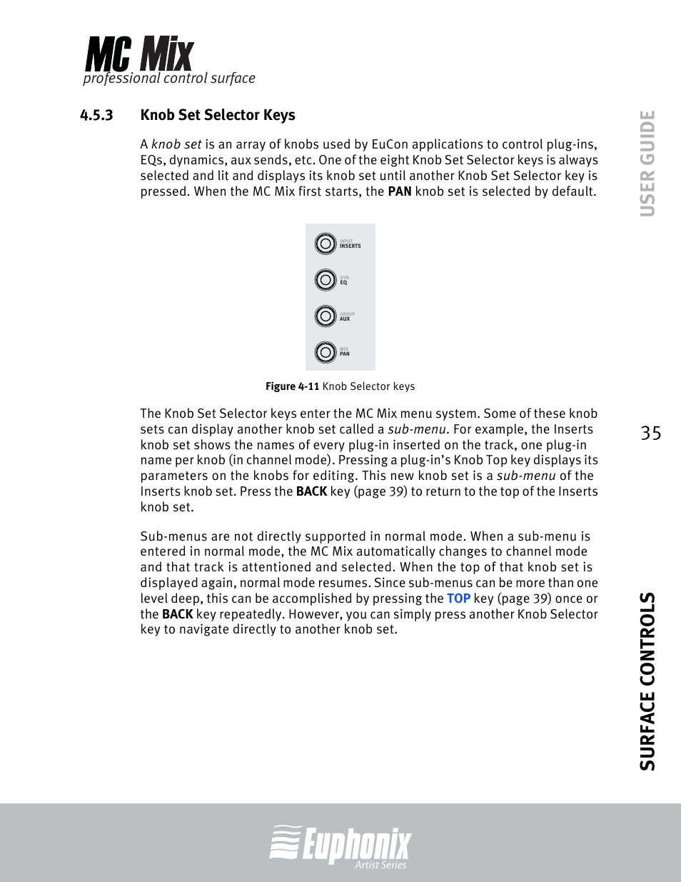 3 knob set selector keys, Knob set selector keys, 11 knob selector keys | User guide surface controls 35, Professional control surface | Euphonix EuCon User Manual | Page 35 / 52