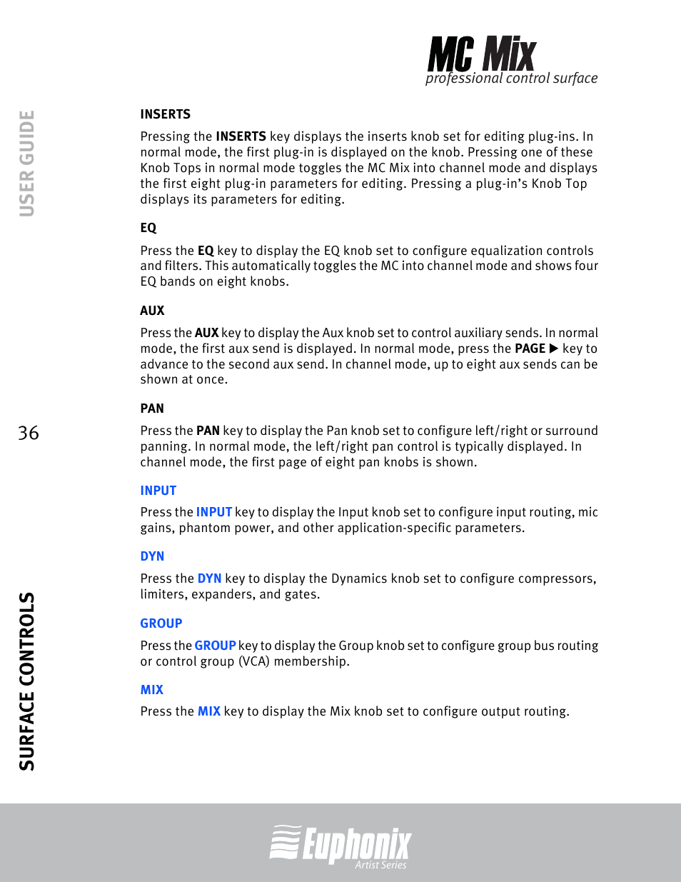 Inserts, Input, Group | User guide surface controls 36 | Euphonix EuCon User Manual | Page 36 / 52
