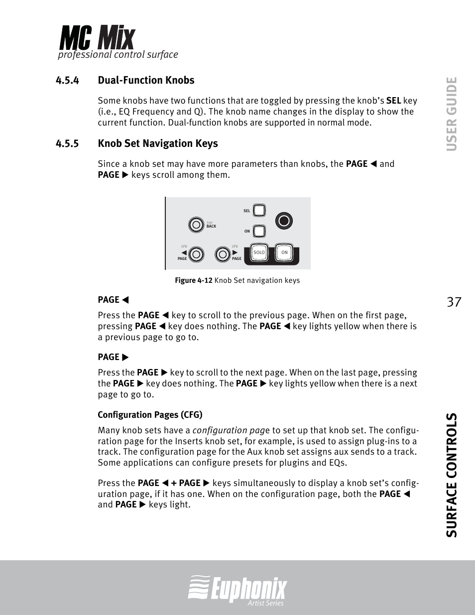 4 dual-function knobs, 5 knob set navigation keys, Dual-function knobs | Knob set navigation keys, 12 knob set navigation keys, User guide surface controls 37, Professional control surface | Euphonix EuCon User Manual | Page 37 / 52