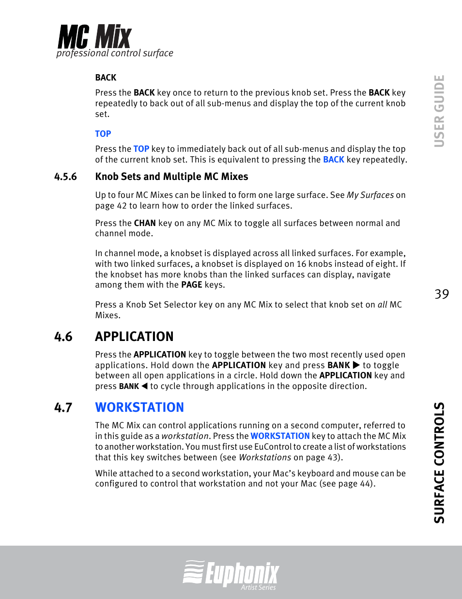 Back, 6 knob sets and multiple mc mixes, 6 application | 7 workstation, Knob sets and multiple mc mixes, Application, Workstation, User guide surface controls 39 | Euphonix EuCon User Manual | Page 39 / 52