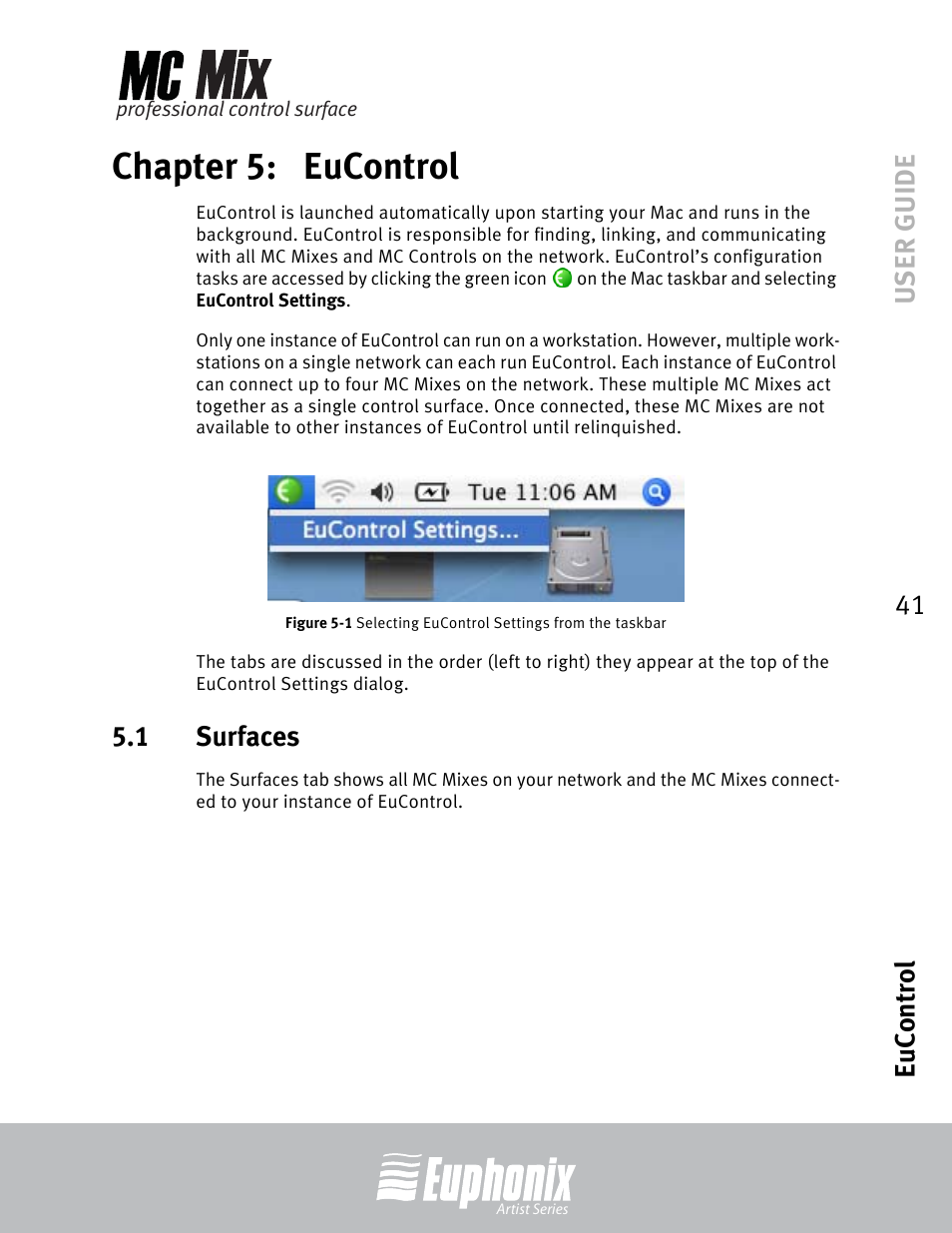 Chapter 5: eucontrol, 1 surfaces, Chapter 5 | Eucontrol, Surfaces, Selecting eucontrol settings from the taskbar, User guide eucontrol 41 | Euphonix EuCon User Manual | Page 41 / 52