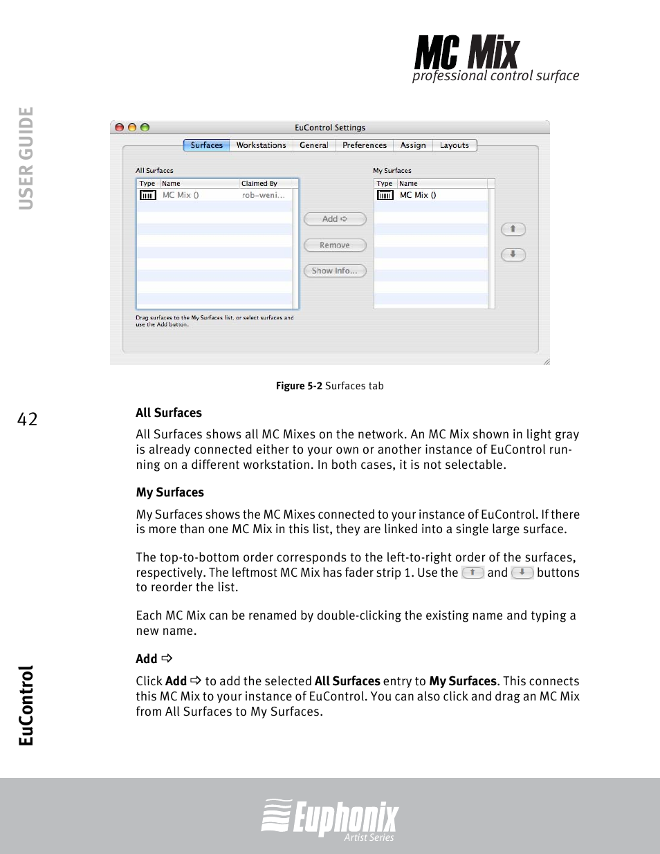 All surfaces, My surfaces, Surfaces tab | User guide eucontrol 42 | Euphonix EuCon User Manual | Page 42 / 52
