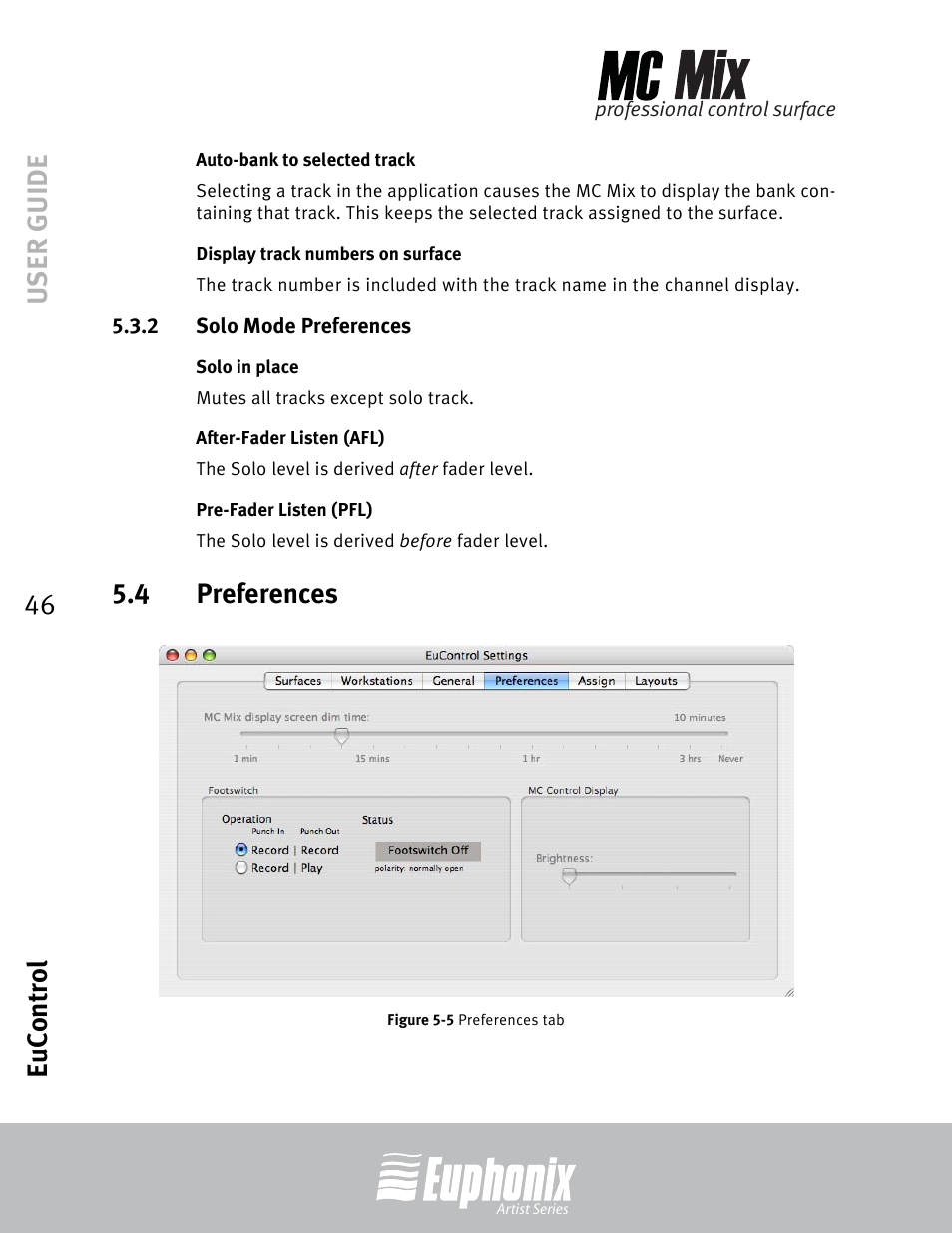 Auto-bank to selected track, Display track numbers on surface, 2 solo mode preferences | Solo in place, After-fader listen (afl), Pre-fader listen (pfl), 4 preferences, Solo mode preferences, Preferences, Preferences tab | Euphonix EuCon User Manual | Page 46 / 52