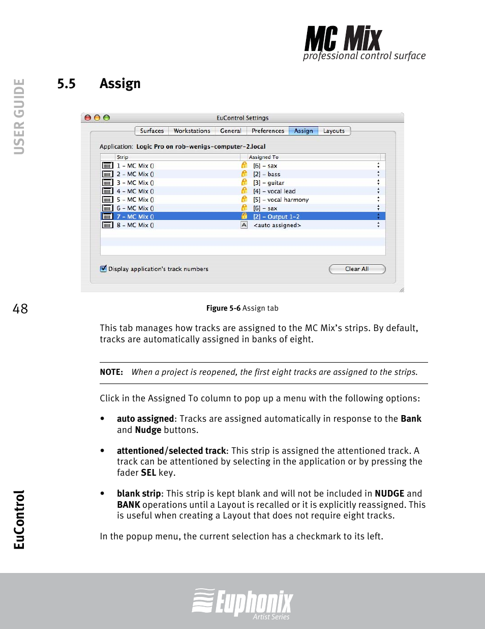 5 assign, Assign, Assign tab | User guide eucontrol 48 5.5 assign | Euphonix EuCon User Manual | Page 48 / 52