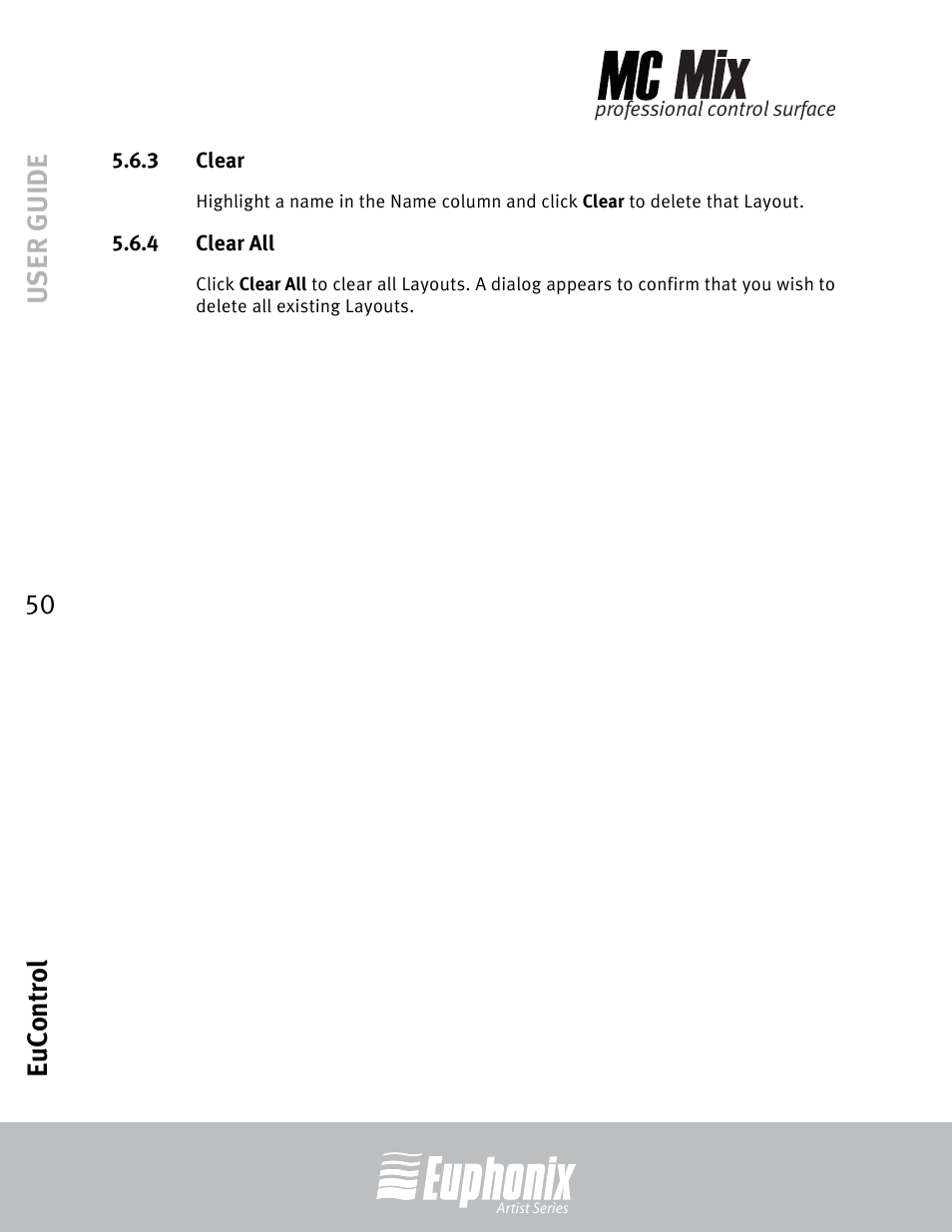 3 clear, 4 clear all, Clear | Clear all, User guide eucontrol 50 | Euphonix EuCon User Manual | Page 50 / 52