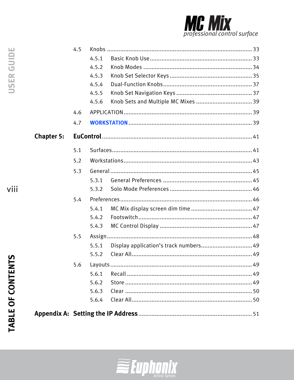 User guide table of contents viii | Euphonix EuCon User Manual | Page 8 / 52