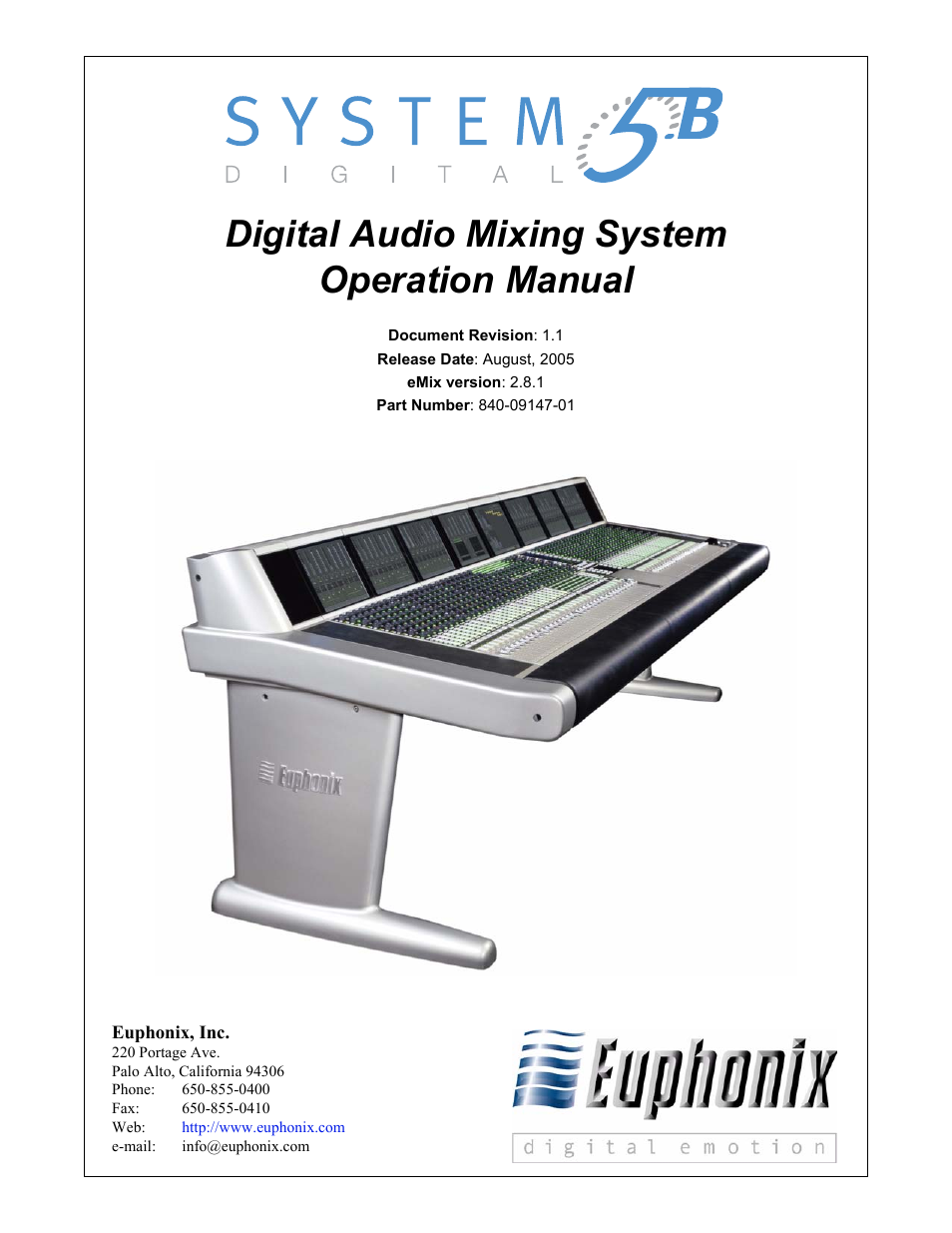 Euphonix System Digital Audio Mixing System 5B User Manual | 156 pages