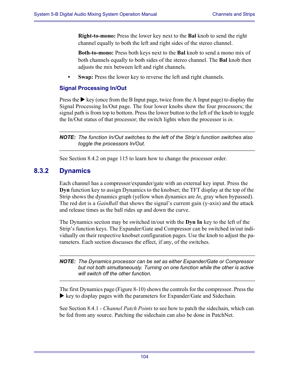 Signal processing in/out, 2 dynamics, Dynamics | Euphonix System Digital Audio Mixing System 5B User Manual | Page 104 / 156