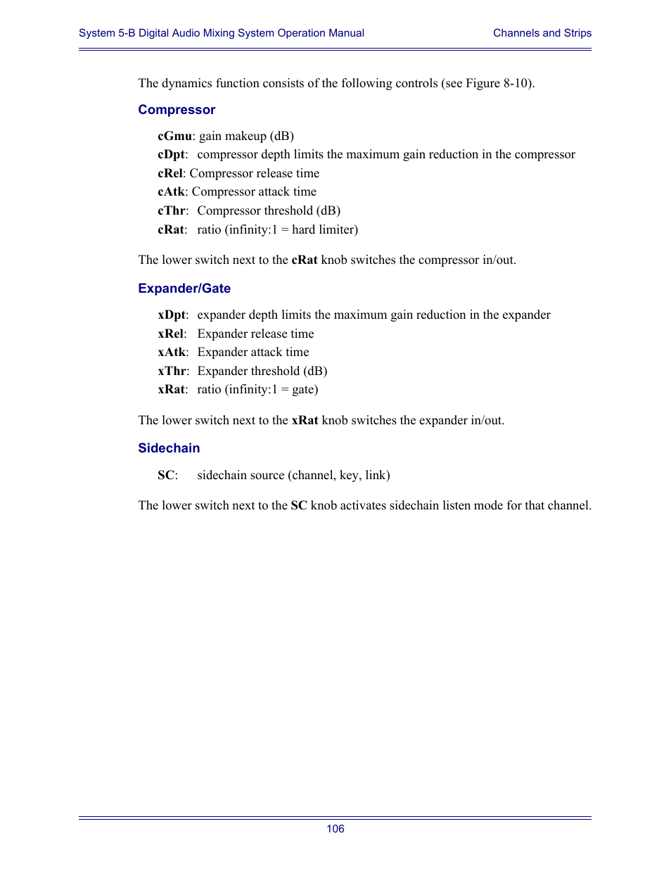 Compressor, Expander/gate, Sidechain | Euphonix System Digital Audio Mixing System 5B User Manual | Page 106 / 156