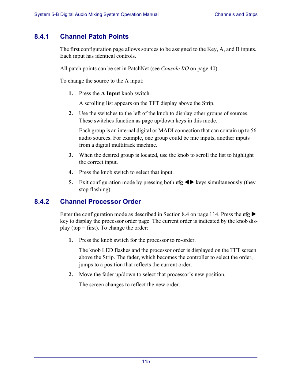 1 channel patch points, 2 channel processor order, Channel patch points | Channel processor order | Euphonix System Digital Audio Mixing System 5B User Manual | Page 115 / 156